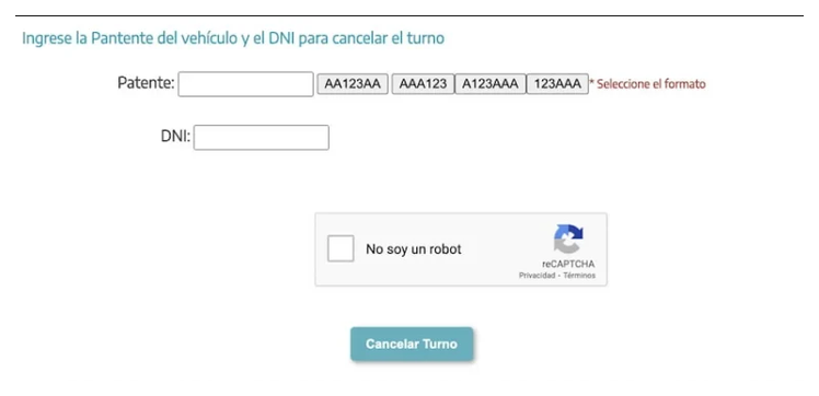 Pantalla para cancelar el turno de la VTV en Bolívar con patente y DNI