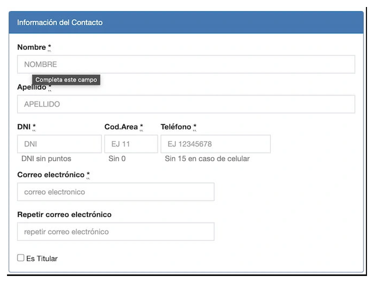 Paso 2 para sacar turno de la VTV en Bolívar: información del contacto